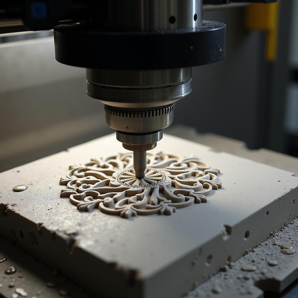 Quy trình khắc đá lư hương bằng máy CNC, minh họa công nghệ hiện đại trong chế tác đồ thờ với độ chính xác cao